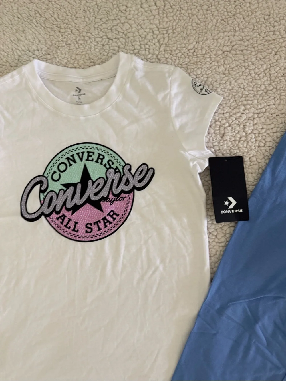 New girls Sz L 12–14 Converse White Tee with Blue Logo & Blue Leggings